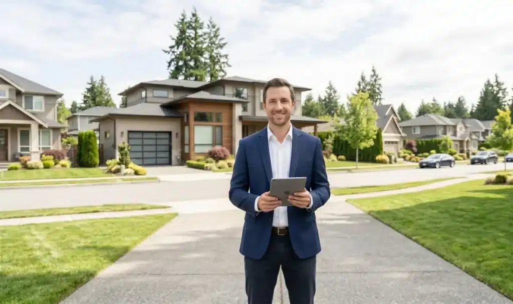 Confident real estate agent holding a tablet in front of a modern suburban home
