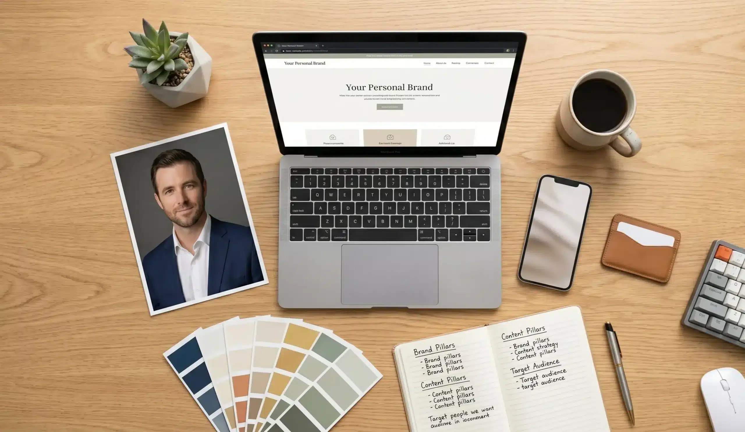 Personal branding workspace flat-lay with laptop, headshot print, colour swatches and notebook
